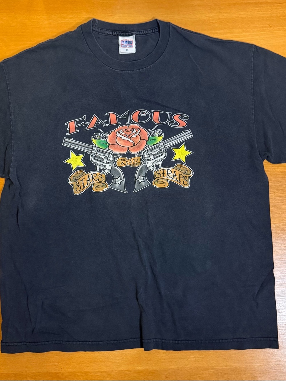 Famous Stars & Straps Black Graphic Tee with Red & Blue Label